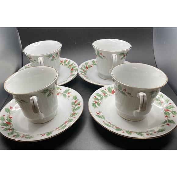 4 China Pearl Fine China Noel Holly Berry Christmas Teacup & Saucer Set Holidays - Picture 7 of 9